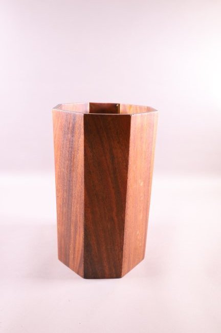 MID CENTURY MODERN WASTE BASKET: TEAK WASTE BASKET OR TRASH CAN. GOOD CONDITION. 13" H