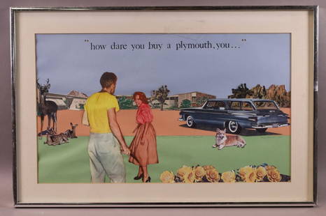 MARK BENNETT PLYMOUTH AUTOMOBILE COLLAGE ART: SIGNED MARK BENNET, DATED 1994. COLLAGE. TITLED THE EFFECTS OF FORDS ON BARBARA, No 77. SEDONA AZ. HOW DARE YOU BUY A PLYMOUTH, YOU. CRACK TO GLASS. 23" x 15"