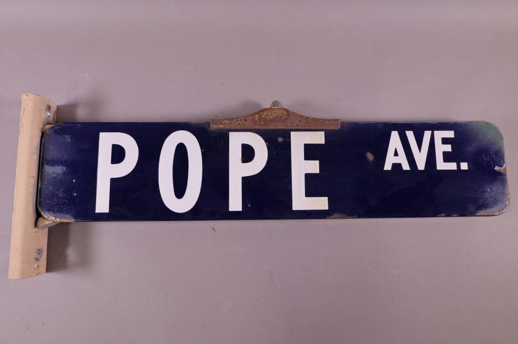 POPE AVENUE PORCELAIN STREET SIGN: DSP. CHIPS & RUST. OVERALL IS 24 3/4" X 9"