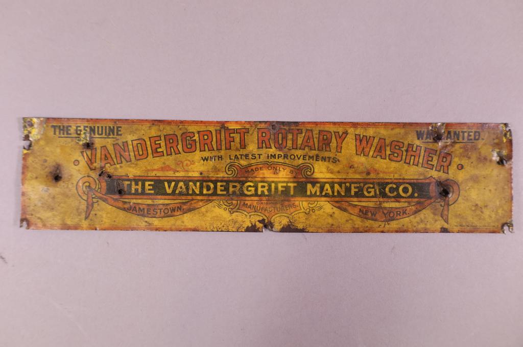 VANDERGRIFT ROTARY WASHER TIN SIGN: SST. SCRATCHES, HOLES, RUST, DIRTY. 2 1/2" X 11"