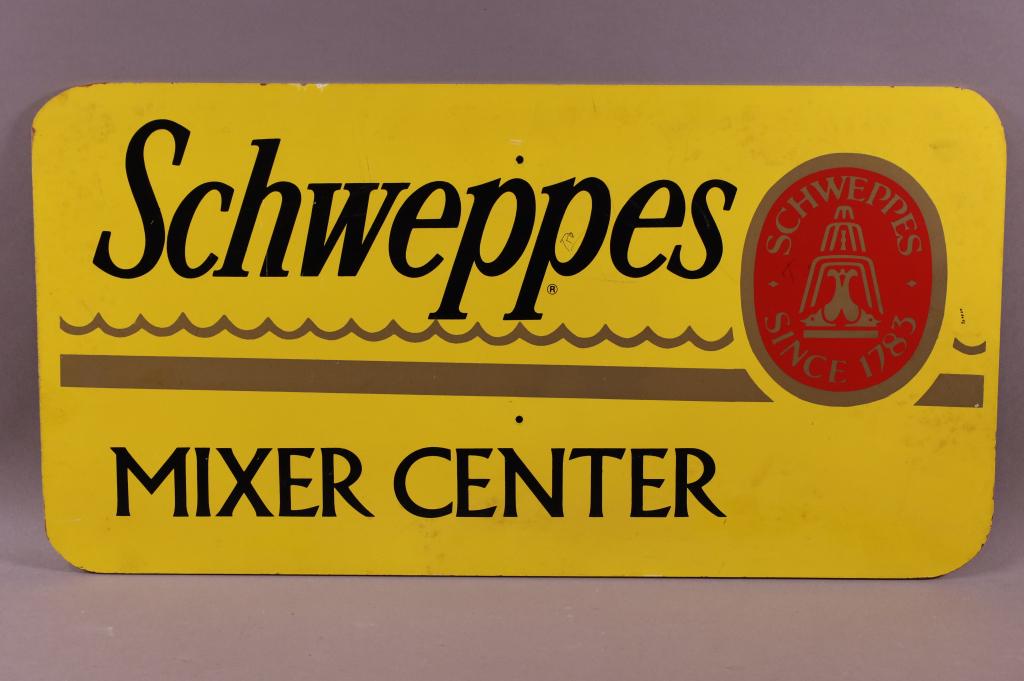 SCHWEPPE'S MIXER CENTER MASONITE SIGN: SCRATCHES, WEAR,. 23" X 12"