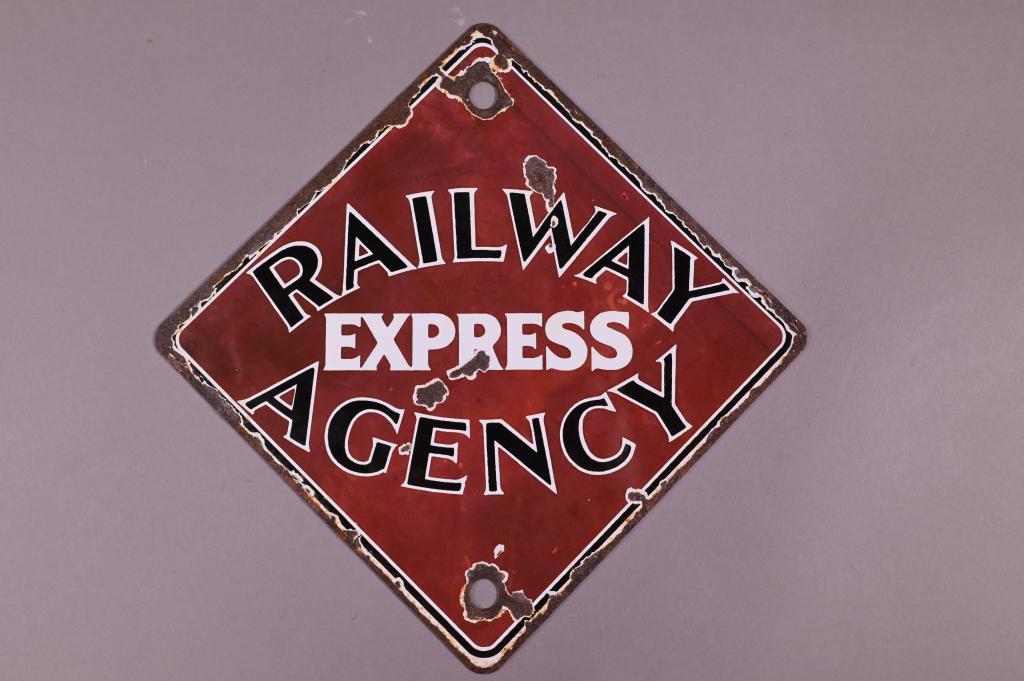 RAILWAY EXPRESS AGENCY PORCELIAN SIGN: SSP. CHIPS, RUST, SCRATCHES. 8" X 8"