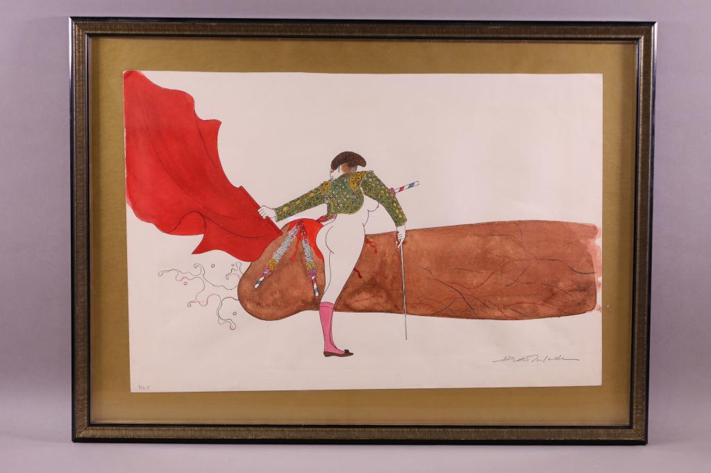 HIDEO TAKEDA WATERCOLOR: JAPANESE EROTIC WATERCOLOR IN FRAME. SIGNED LOWER RIGHT. No 5 LOWER LEFT. GOOD CONDITION. 19 3/4" x 13 1/2" IMAGE SIZE & 24" x 17 1/2" IN FRAME