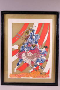 HIDEO TAKEDA SILKSCREEN: JAPANESE SILKCREEN IN FRAME, SIGNED LOWER RIGHT. No 70,000. TITLED THE END OF KISO YOSHINAKA. 20" x 14 1/2" IMAGE SIZE / 24 1/2" x 19" IN FRAME.