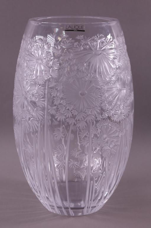 LALIQUE BUCOLIQUE VASE WITH ORIGINAL BOX: LARGE LALIQUE BUCOLIQUE VASE, MODEL #1268200. SIGNED AND MARKED WITH LABEL. WITH ORIGINAL BOX. 13" H. GOOD CONDITION, NO CHIPS, CRACKS OR BREAKS.