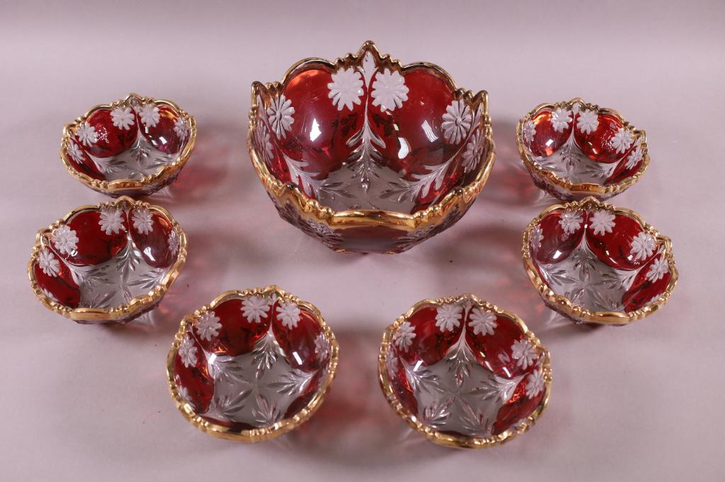 SEVEN PIECE RUBY STAINED BERRY BOWL SET (1 of 4)
