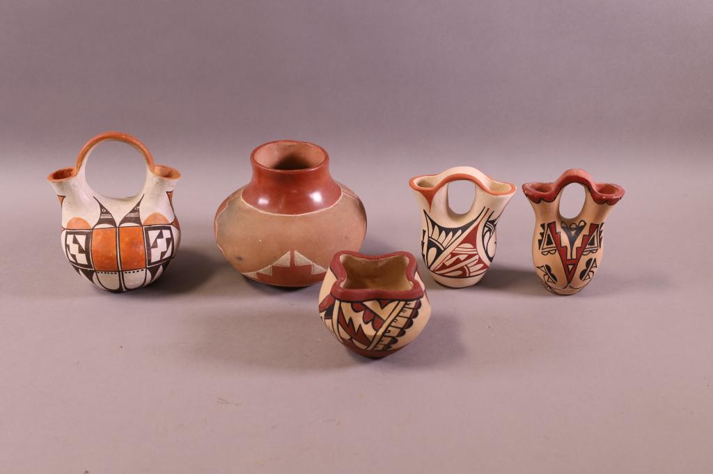 FIVE PIECES OF NATIVE AMERICAN POTTERY: WEDDING VASES & VASES. GOOD CONDITION. 3" - 5 1/2" H