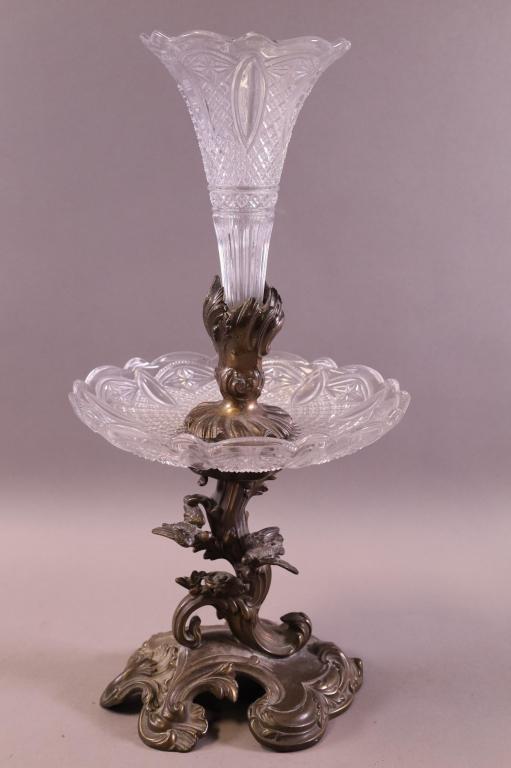 VICTORIAN EPERGNE: BIRD DECORATED, WITH CRYSTAL TRAY. UNMARKED. GOOD CONDITION. 19" H.