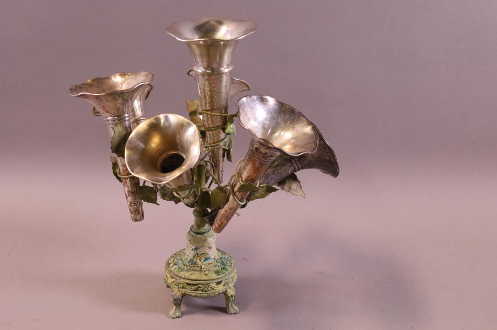 GILT METAL & PAINTED EPERGNE: SEVEN ARM EPERGNE, FLORAL DECORATED. 10" W x 11" H.