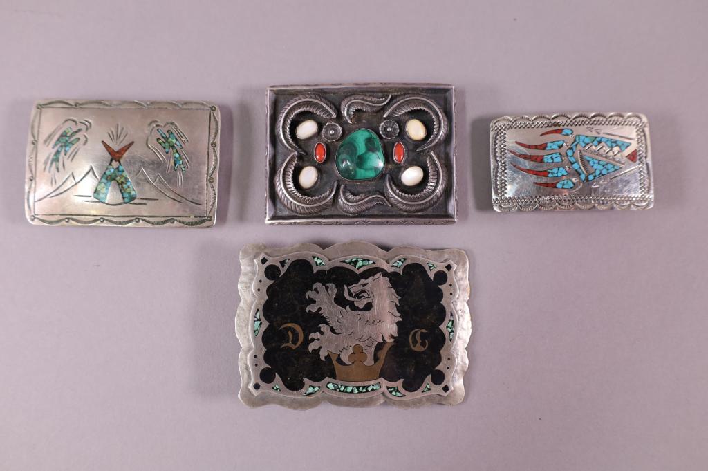 4 NATIVE AMERICAN BELT BUCKLES: SILVER & TURQUOISE, CORAL, & MORE