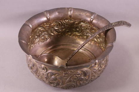 1894 STERLING PUNCH BOWL & LADLE: ENGRAVED TO UNITED STATES SENATOR STEPHEN WHITE. FIRST NATIVE CALIFORNIAN TO BE SENATOR OF CALIFORNIA. DENT TO RIM. 11 1/2" DIAM. APPROX 1058 GRAMS.