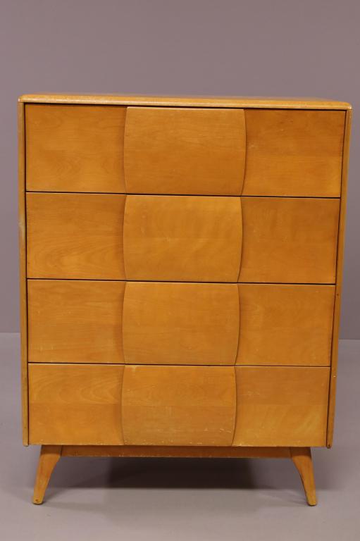 HEYWOOD WAKEFIELD KOHINOOR HIGHBOY: FOUR DRAWER HIGHBOY BY HEYWOOD WAKEFIELD, KOHINOOR STYLE. STAINS TO TOP SURFACE, FINISH WEAR. 34" W x 19" D x 45" H. THIS ITEM EXCEEDS SIZE LIMITATIONS FOR IN HOUSE SHIPPING.