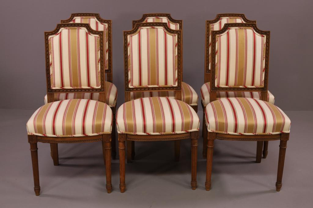 SET OF SIX FRENCH DINING CHAIRS: STRIPED UPHOLSTERY, MINOR STAINS TO UPHOLSTERY. 19" W x 20" D x 38" H. THIS ITEM EXCEEDS SIZE LIMITATIONS FOR IN HOUSE SHIPPING.