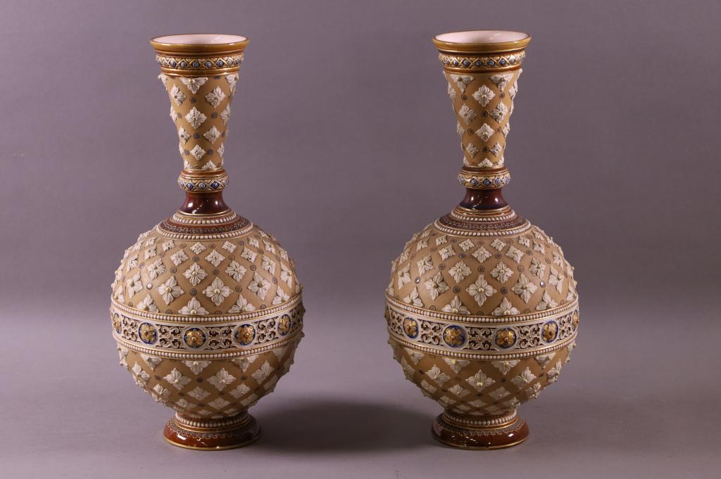 PAIR OF METTLACH FLORAL MOSAIC VASES (1 of 5)