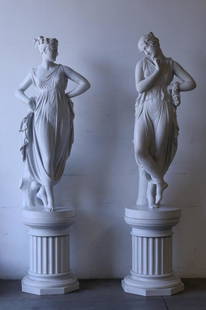 PAIR OF MONUMENTAL ITALIAN MARBLE STATUES: SOLID MARBLE LIFE SIZE LADY STATUES ON MARBLE BASES ATTRIBUTED TO ANTONIO CANOVA. PURCHASED FROM PIETRO BAZZANTI & FIGLIO ART GALLERY ITALY. THREE PIECE BASE WITH SOLID FORM LADY STATUES. OVER 1,000 P