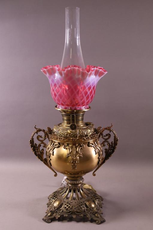 BRASS & CRANBERRY SHADE OIL LAMP (1 of 4)