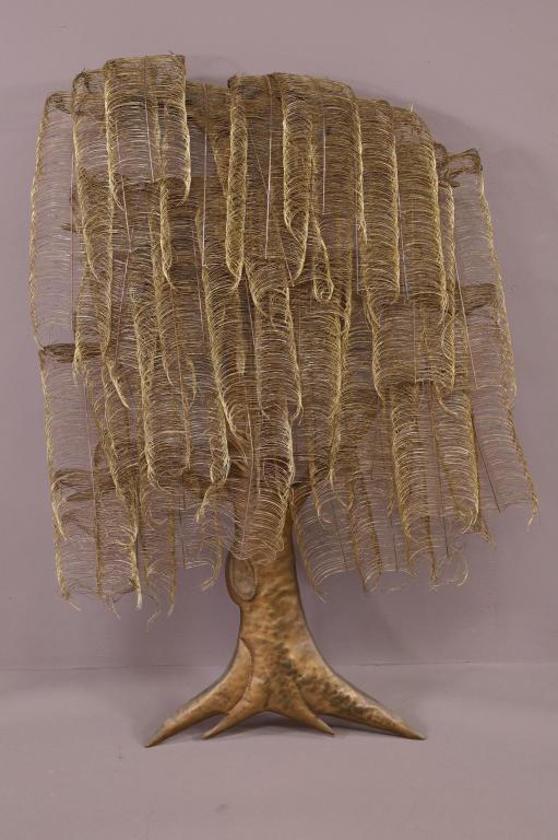 MID CENTURY MODERN METAL SCULPTURE: METAL WILLOW TREE BY JACQUELINE HUHEM. GOOD CONDITION. 30" W x 46" H. THIS ITEM EXCEEDS SIZE LIMITATIONS FOR IN HOUSE SHIPPING.