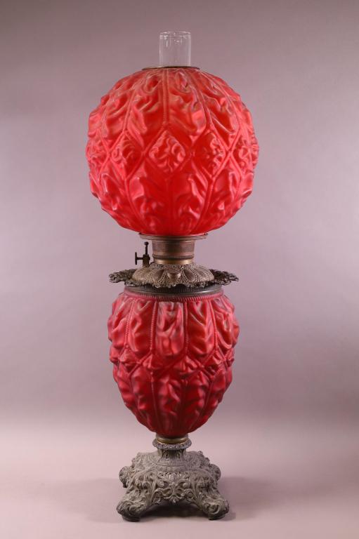 VICTORIAN RED SATIN GLASS OIL LAMP (1 of 3)