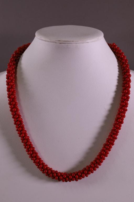 NATIVE AMERICAN CORAL BEADED NECKLACE: BEADED STRAND NECKLACE. 23" L