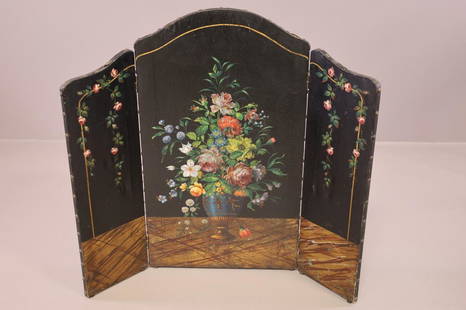 1920'S HAND PAINTED THREE PANEL SCREEN: THREE PANEL HAND PAINTED FIREPLACE SCREEN ON CANVAS. 40" W x 36" H. THIS ITEM EXCEEDS SIZE LIMITATIONS FOR IN HOUSE SHIPPING.