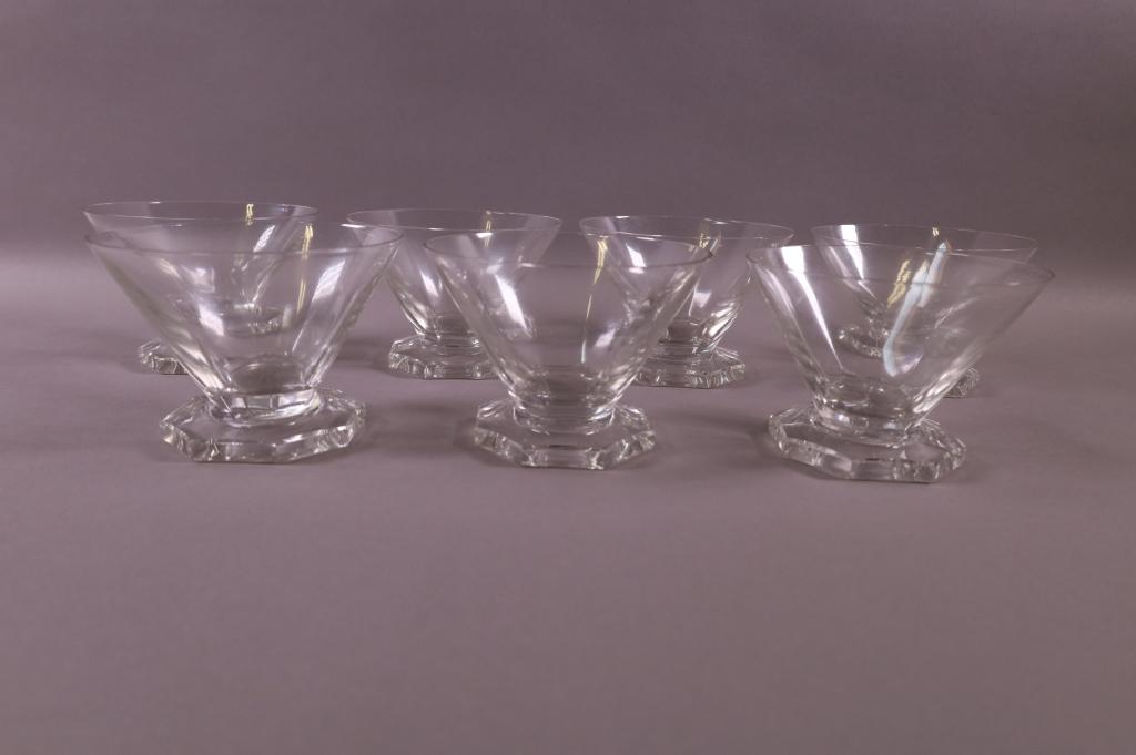 SEVEN LALIQUE QUINCY CUPS: WATER/WINE CUPS, SIGNED LALIQUE FRANCE, GOOD CONDITION. 3" H