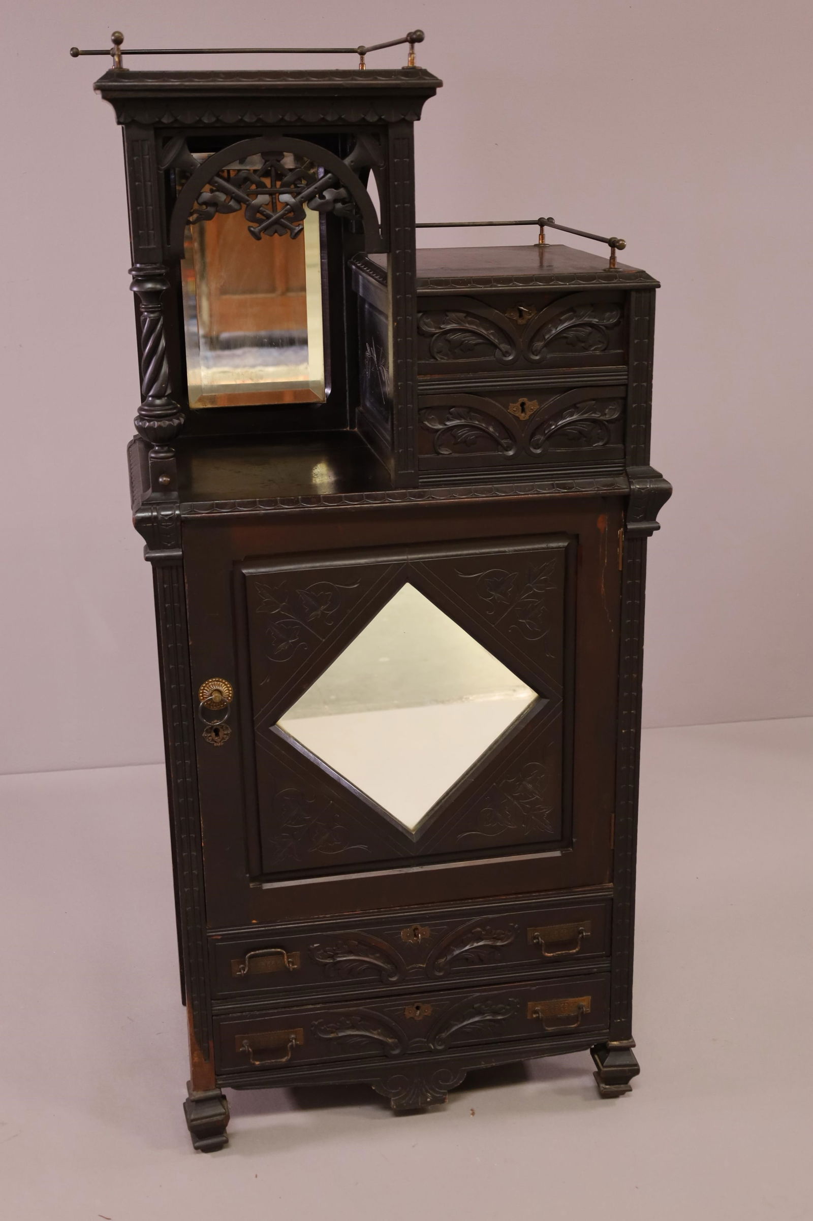 VICTORIAN CARVED EBONIZED HALL CABINET (1 of 6)