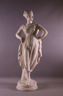 ANTIQUE MARBLE STATUE OF A FEMALE: INTERNAL BEAUTY, ATTRIBUTED TO ANTONIO CANOVA. CRACK IN BASE. UNSIGNED. 31" H. THIS ITEM EXCEEDS SIZE LIMITATIONS FOR IN HOUSE SHIPPING.