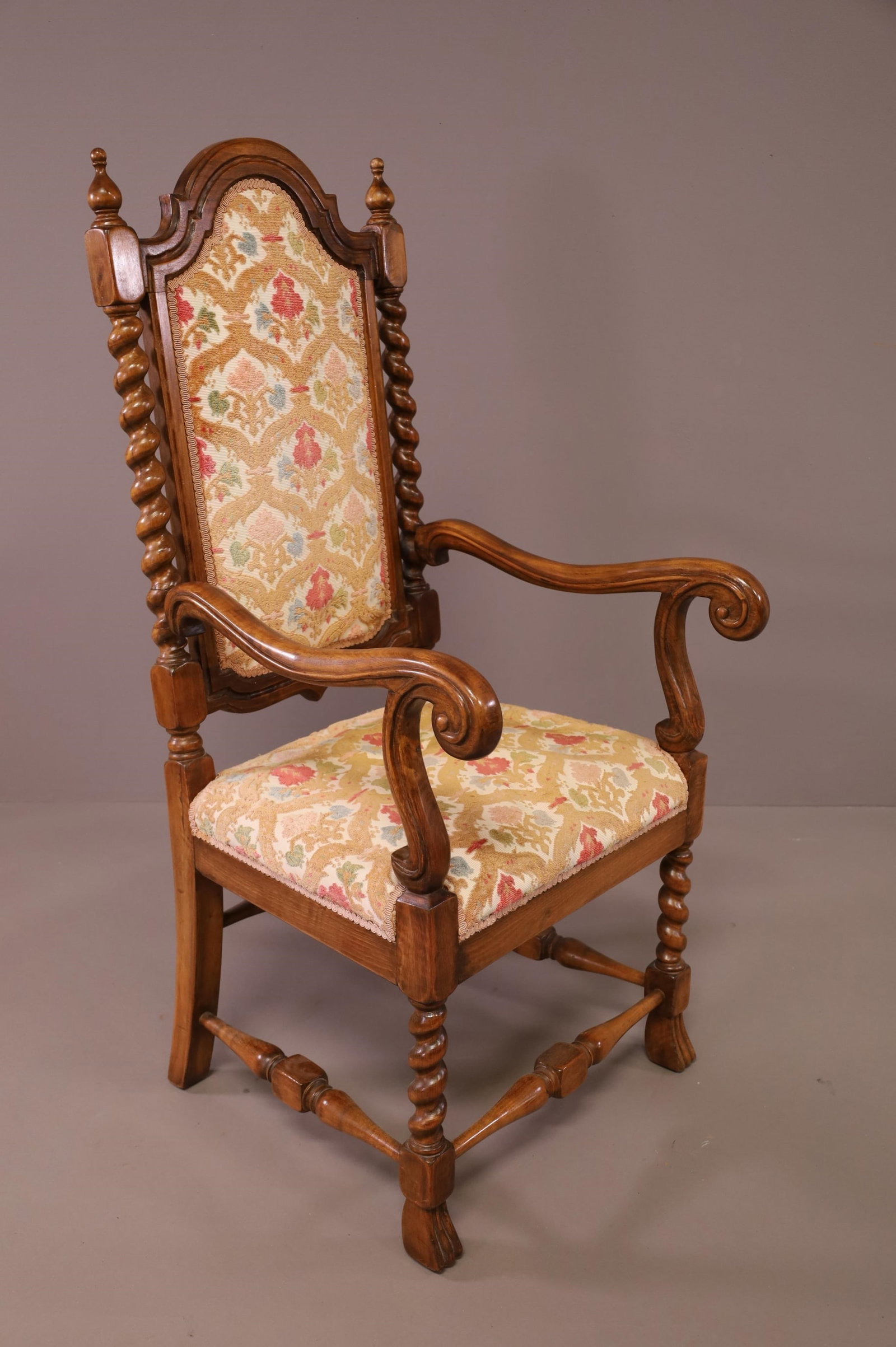 BARLEY TWIST HALL CHAIR: TALL BACK ROLLED ARM HALL CHAIR, GOOD CONDITION. 23" W x 23" D x 50" H. THIS ITEM EXCEEDS SIZE LIMITATIONS FOR IN HOUSE SHIPPING.