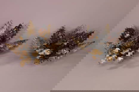 PR. OF LARGE MID CENTURY MODERN WALL SCONCES: PAIR OF GILT METAL LEAF FORM, FROM ARTHUR ELROD ESTATE IN PALM SPRINGS CA. WITH 6 SHADES WHICH TWO SHADES ARE BROKEN. 32" W x 21" H. THIS ITEM EXCEEDS SIZE LIMITATIONS FOR IN HOUSE SHIPPING.