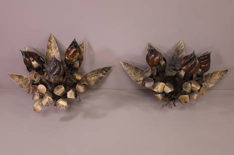 PR. OF LARGE MID CENTURY MODERN WALL SCONCES: PAIR OF GILT METAL LEAF FORM, FROM ARTHUR ELROD ESTATE IN PALM SPRINGS CA. WITH 6 SHADES WHICH TWO SHADES ARE BROKEN. 32" W x 21" H. THIS ITEM EXCEEDS SIZE LIMITATIONS FOR IN HOUSE SHIPPING.