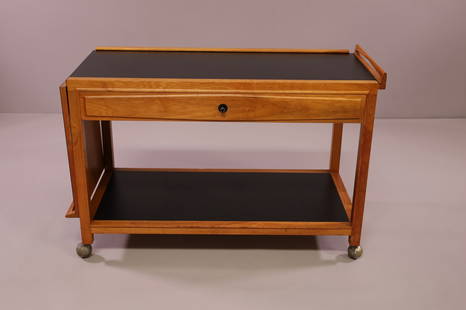 JOHN STEWART FOR GLENN OF CALIFORNIA BAR CART: MID CENTURY MODERN BAR CART DESIGNED BY JOHN STEWART FOR GLENN OF CALIFORNIA. SINGLE DRAWER WITH PULL OUT SIDE. GOOD CONDITION.. 44" L x 20" W x 28" H. THIS ITEM EXCEEDS SIZE LIMITATIONS FOR IN