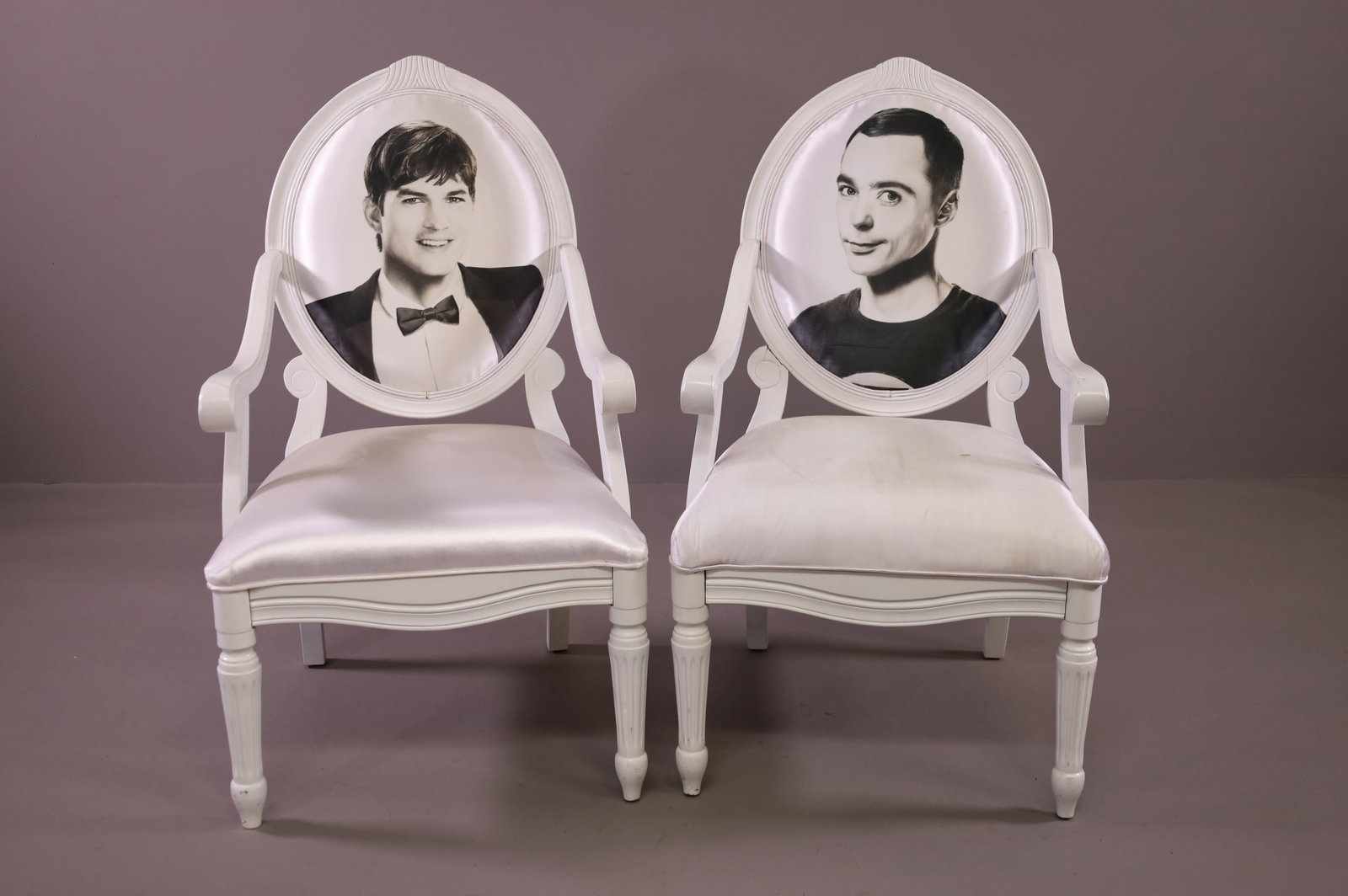 2 PC. WARNER BROS. POP CULTURE FURNITURE: ONE OF A KIND CUSTOM MADE TV THEMED ARMCHAIRS, BIG BANG THEORY & TWO AND HALF MEN. MADE FOR WARNER BROS STUDIO. ONE CHAIR IS BROKEN AND HAS STAINS. 24"W x 23" D x 40" H. THIS ITEM EXCEEDS SIZE LIMITAT