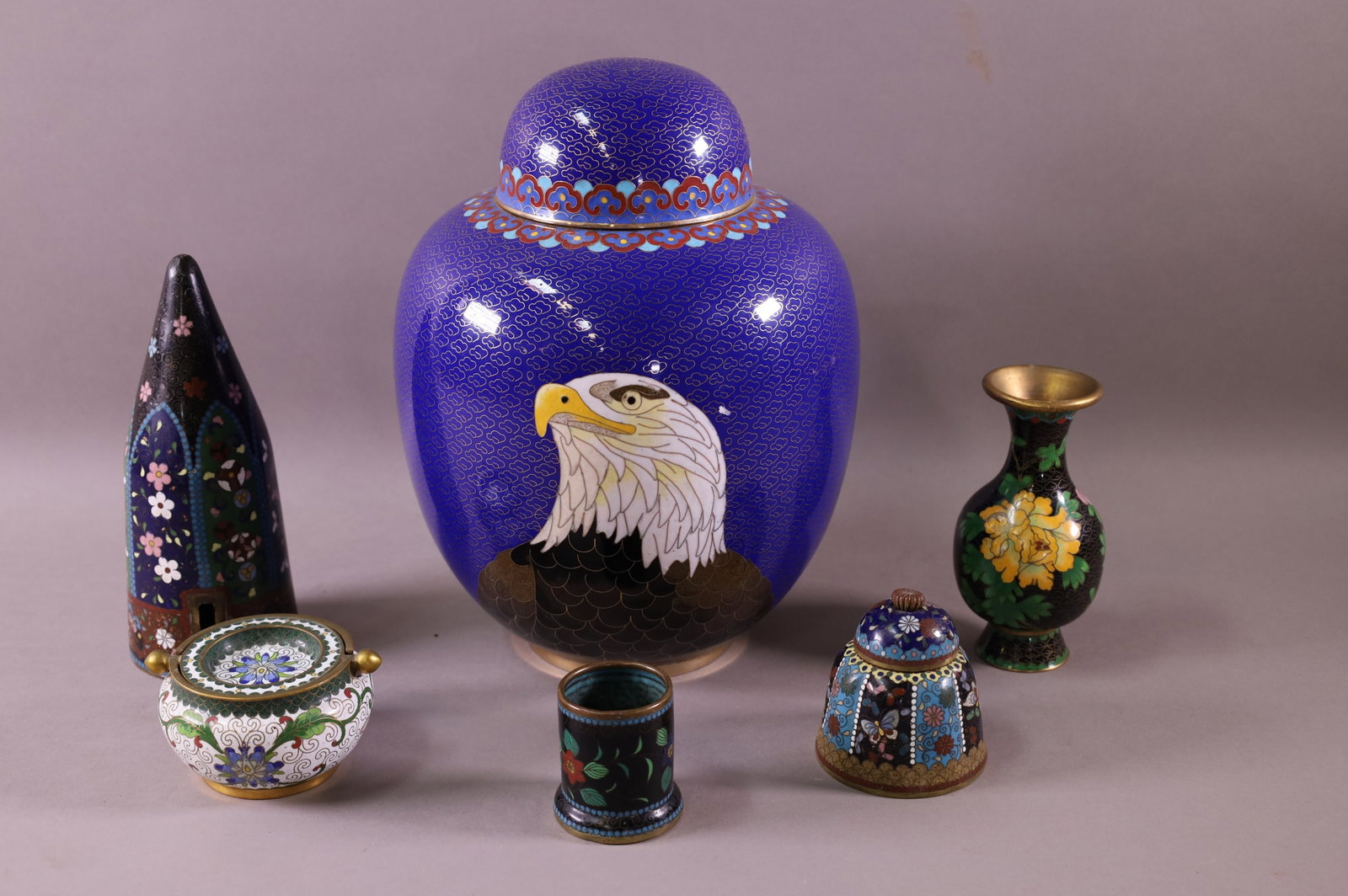SIX PIECES OF CLOISONNE: CLOISONNE TABLE ITEMS, VASE, MATCH HOLDER, ASHTRAY, COVERED JAR. 2" - 10 1/2" H.