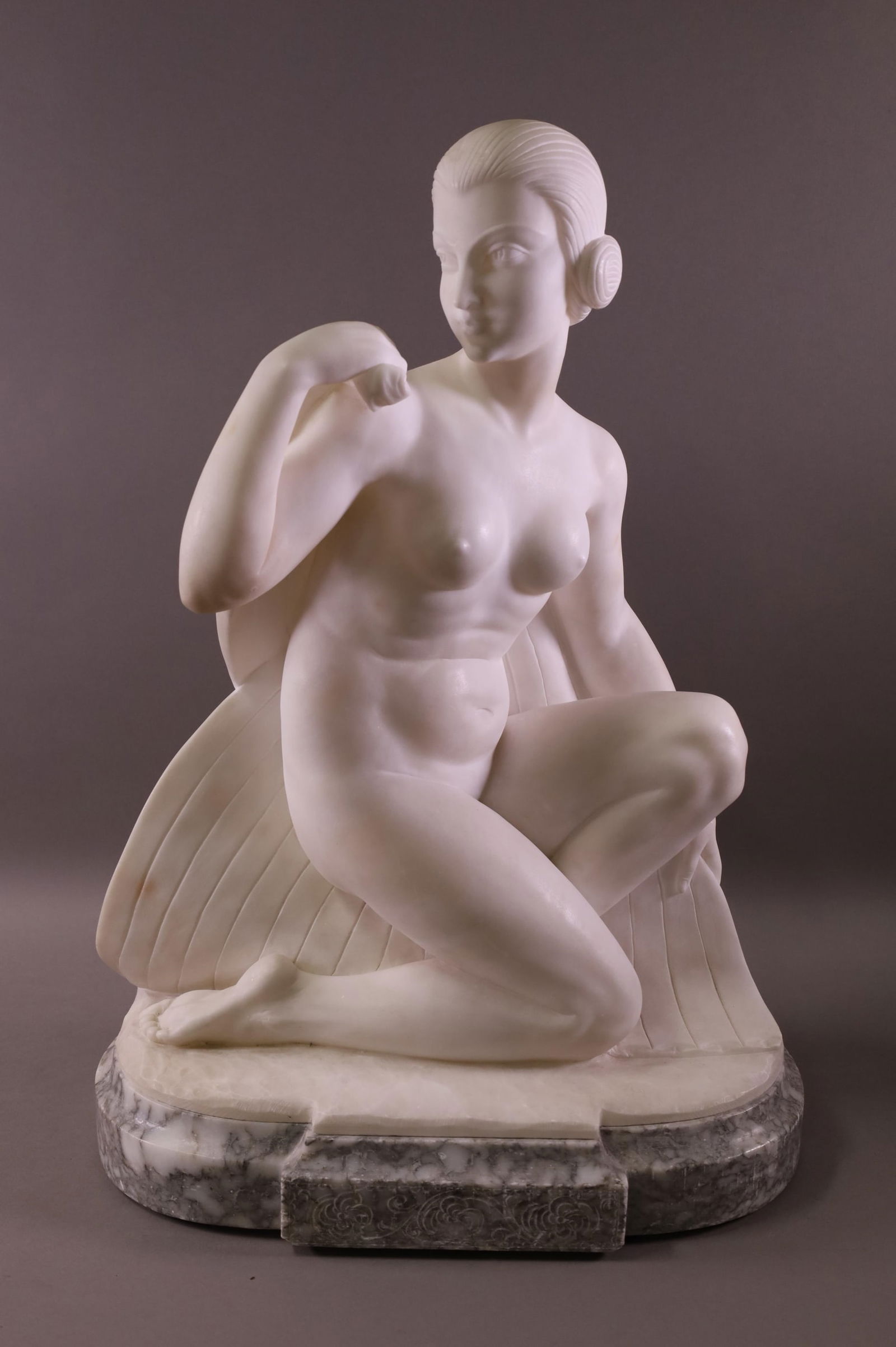 ART DECO ALABASTER NUDE STATUE: NUDE ALABASTER FIGURE ON MARBLE BASE, UNSIGNED. GOOD CONDITION. 15" W x 21 1/2" H. THIS ITEM EXCEEDS SIZE LIMITATIONS FOR IN HOUSE SHIPPING.