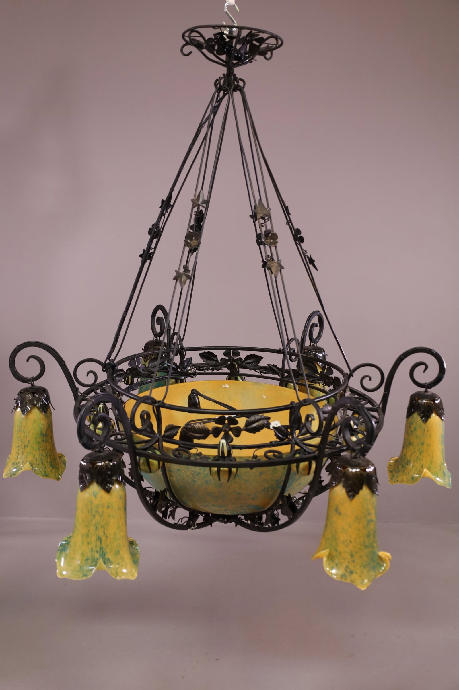 MONUMENTAL FRENCH IRON & ART GLASS CHANDELIER (1 of 8)