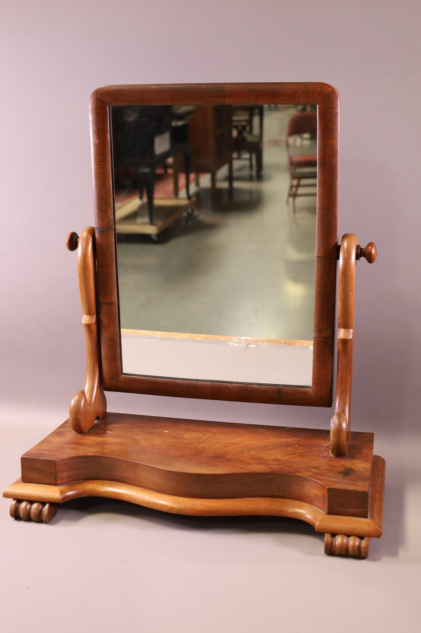19TH CENTURY SHAVING MIRROR: SWIVEL SHAVING MIRROR, OLD REPAIR. GOOD CONDITION. 19 1/2" W x 23" H.