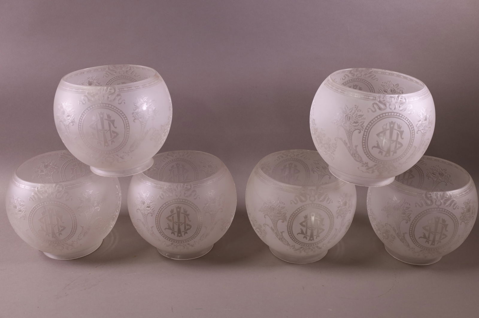 Set Of Six Victorian Etched Glass Lamp Shades. Auction