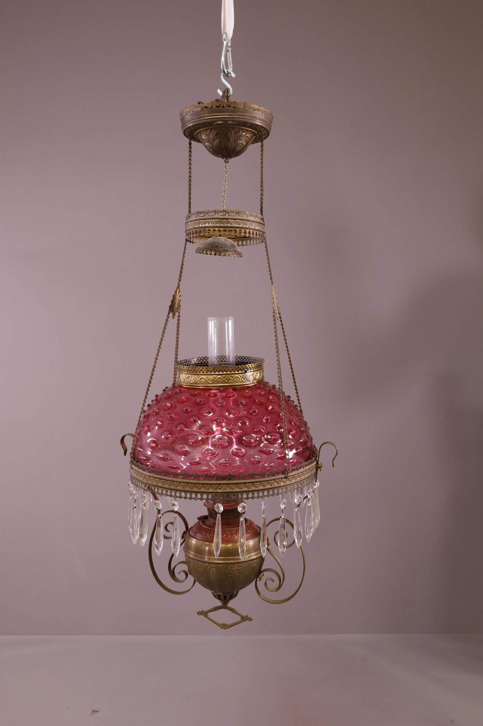 VICTORIAN CRANBERRY HOBNAIL HANGING LAMP (1 of 4)