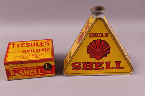 TWO SHELL OIL CANS: TWO FOREIGN SHELL CANS. HUILE CAN & TYSULES TIN CAN.