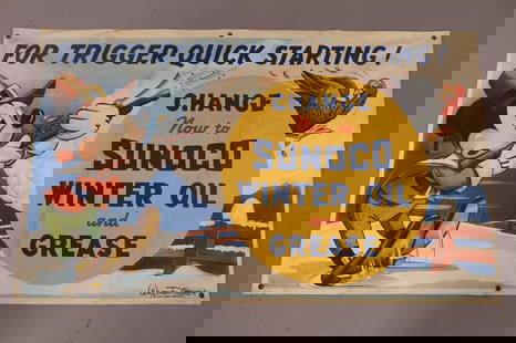 1939 WALT DISNEY SUNOCO WINTER OIL BANNER: WALT DISNEY 1939 SUNOCO MICKEY MOUSE MOTOR OIL BANNER. 61" W x 36" H