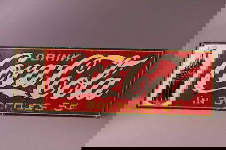 COCA COLA TIN SIGN: SST DRINK COCA COLA IN BOTTLES SIGN. RUST, SCRATCHES. 36" W x 12" H