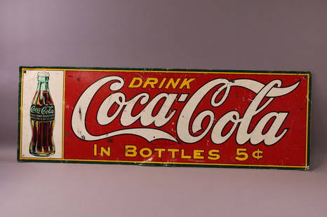 COCA COLA TIN SIGN: SST DRINK COCA COLA IN BOTTLES SIGN. RUST, SCRATCHES. 36" W x 12" H