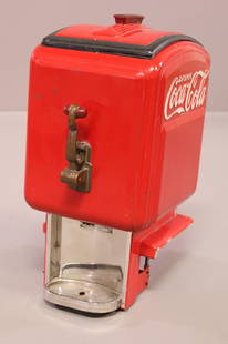 COCA COLA FOUNTAIN DRINK DISPENSER: ICE COLD COCA COLA DISPENSER SYRUP MACHINE. SURFACE SCRATCHES. PAINT OVERSPRAY. No C-10013. 11" W x 16" D x 24" H. THIS ITEM EXCEEDS SIZE LIMITATIONS FOR IN HOUSE SHIPPING.