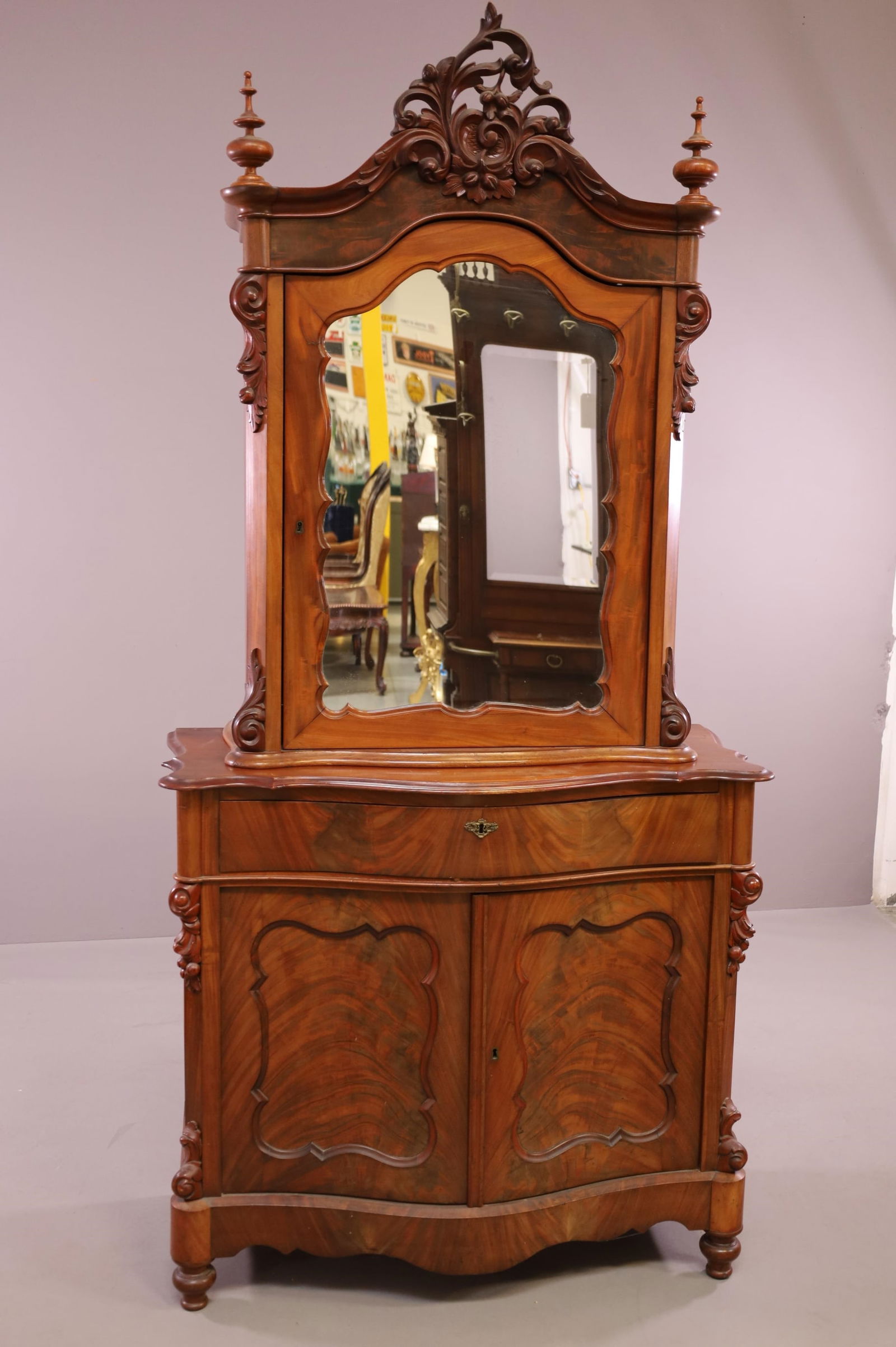 19TH CENTURY BURLED 2 PART CHINA CABINET (1 of 6)
