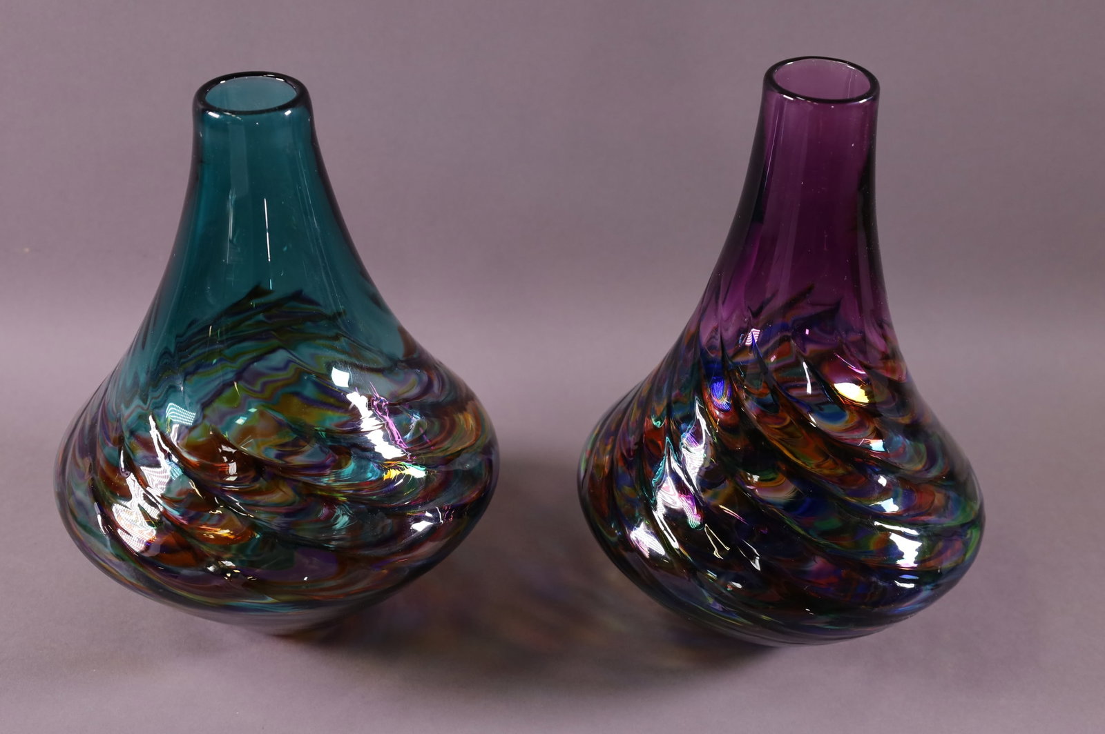TWO MICHAEL TRIMEOL ART GLASS VASES: IN ORIGINAL BOXES. SIGNED MICHAEL TRIMEOL. GOOD CONDITION. 9" H