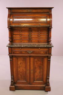 VICTORIAN DENTAL CABINET: ATTRIBUTED TO RANSOM & RANDOLPH. VICTORIAN CYLINDER ROLL, MARBLE TOP DENTAL CABINET. GOOD CONDITION. 32" W x 17" D x 63" H. THIS ITEM EXCEEDS SIZE LIMITATIONS FOR IN HOUSE SHIPPING.