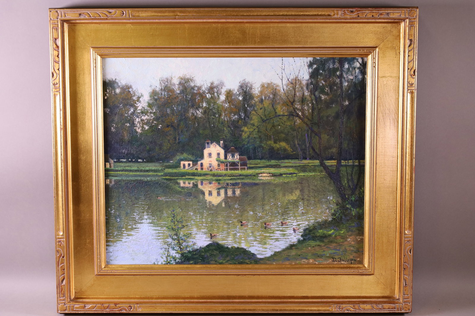 DAVID GALLUP VERSAILLES FRANCE PAINTING: OIL ON CANVAS, SIGNED LOWER RIGHT, TITLED SUNDAY BY THE LAKE - VERSAILLES, FRANCE . 20" x 16" IMAGE SIZE / 27" x 23" IN FRAME