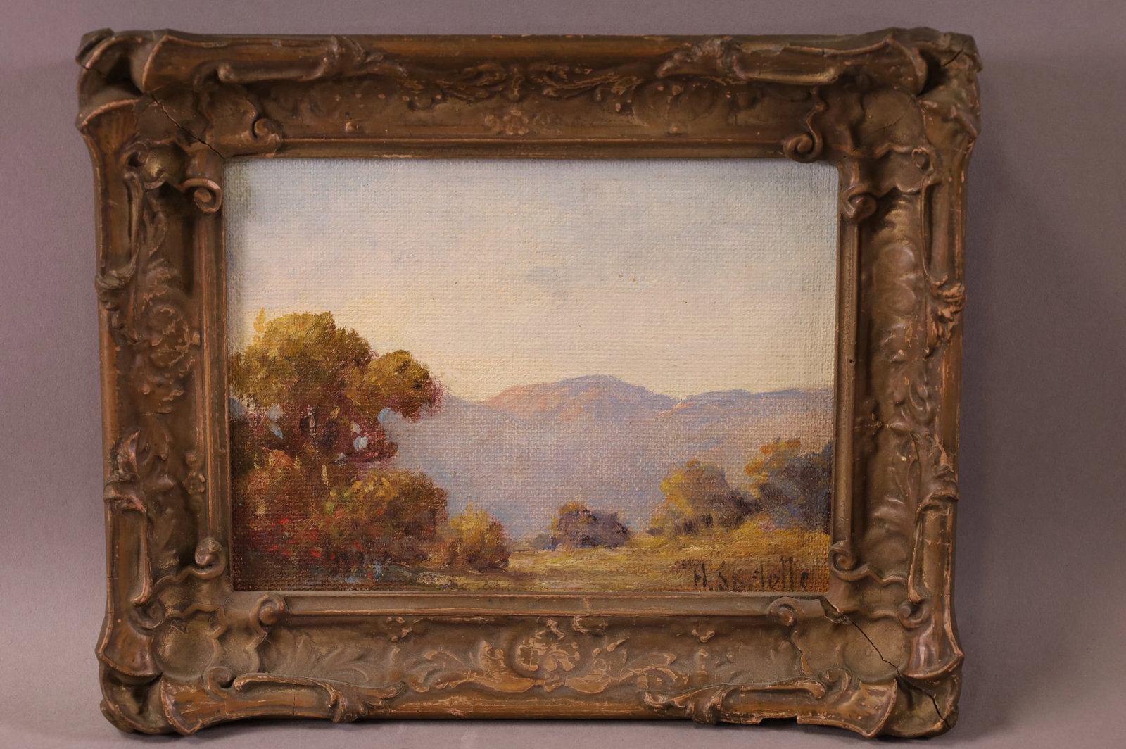 HERBERT SARTELLE CALIFORNIA LANDSCAPE PAINTING: OIL ON BOARD, SIGNED LOWER RIGHT. LANDSCAPE PAINTING. 8" x 6" IMAGE SIZE / 10 1/2" x 8 1/2" IN FRAME