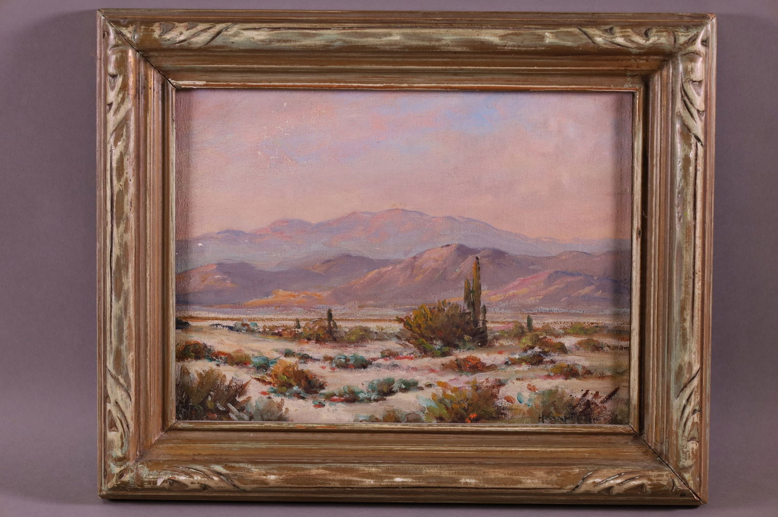 HERBERT SARTELLE CALIFORNIA LANDSCAPE PAINTING: OIL ON BOARD, SIGNED LOWER RIGHT, H SARTELL. DESERT LANDSCAPE. 12" x 9" IMAGE SIZE . 15 1/2" x 12 1/2" IN FRAME