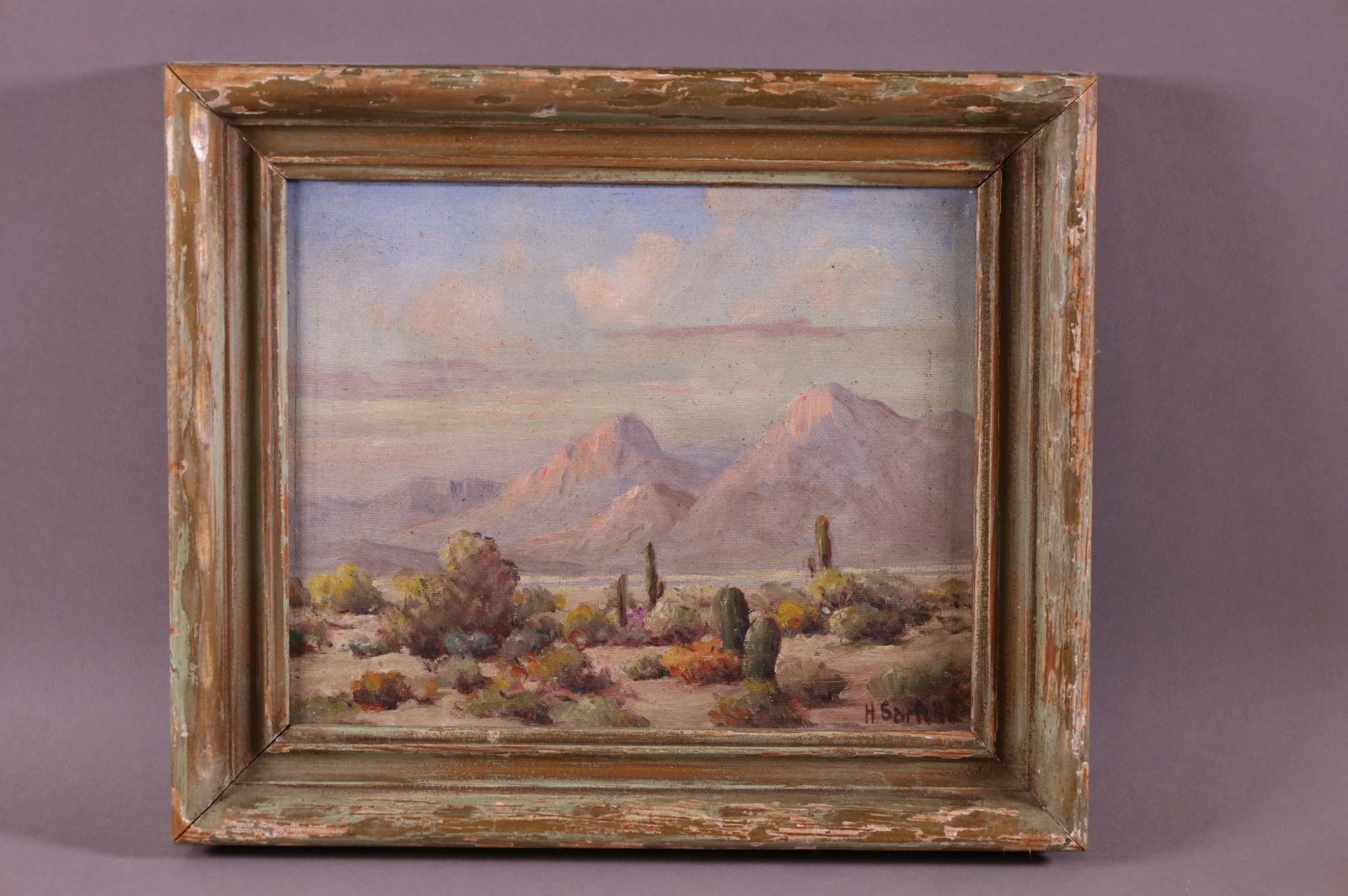 HERBERT SARTELLE CALIFORNIA LANDSCAPE PAINTING: OIL ON BOARD, SIGNED LOWER RIGHT, DESERT LANDSCAPE. 8" x 10" IMAGE SIZE / 12 1/2" x 10 1/2" IN FRAME